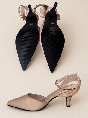Nude Pointed-Toe Ankle Strap Kitten Heels